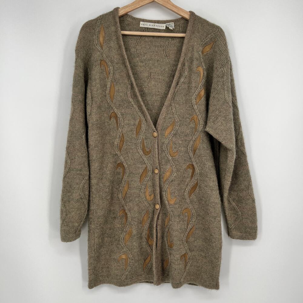 Vtg Paul Alexander Cardigan Womens Large Alpaca Wool Silk Long Faux Suede Tan